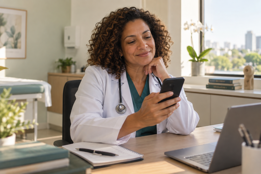 Imagem ilustrativa: Médica conferindo os recebimentos em seu celular