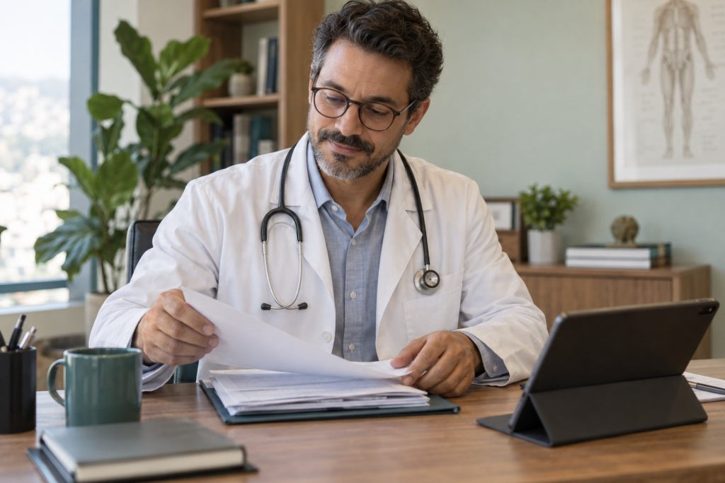 Imagem ilustrativa: Médico organizando documentos para cadastro